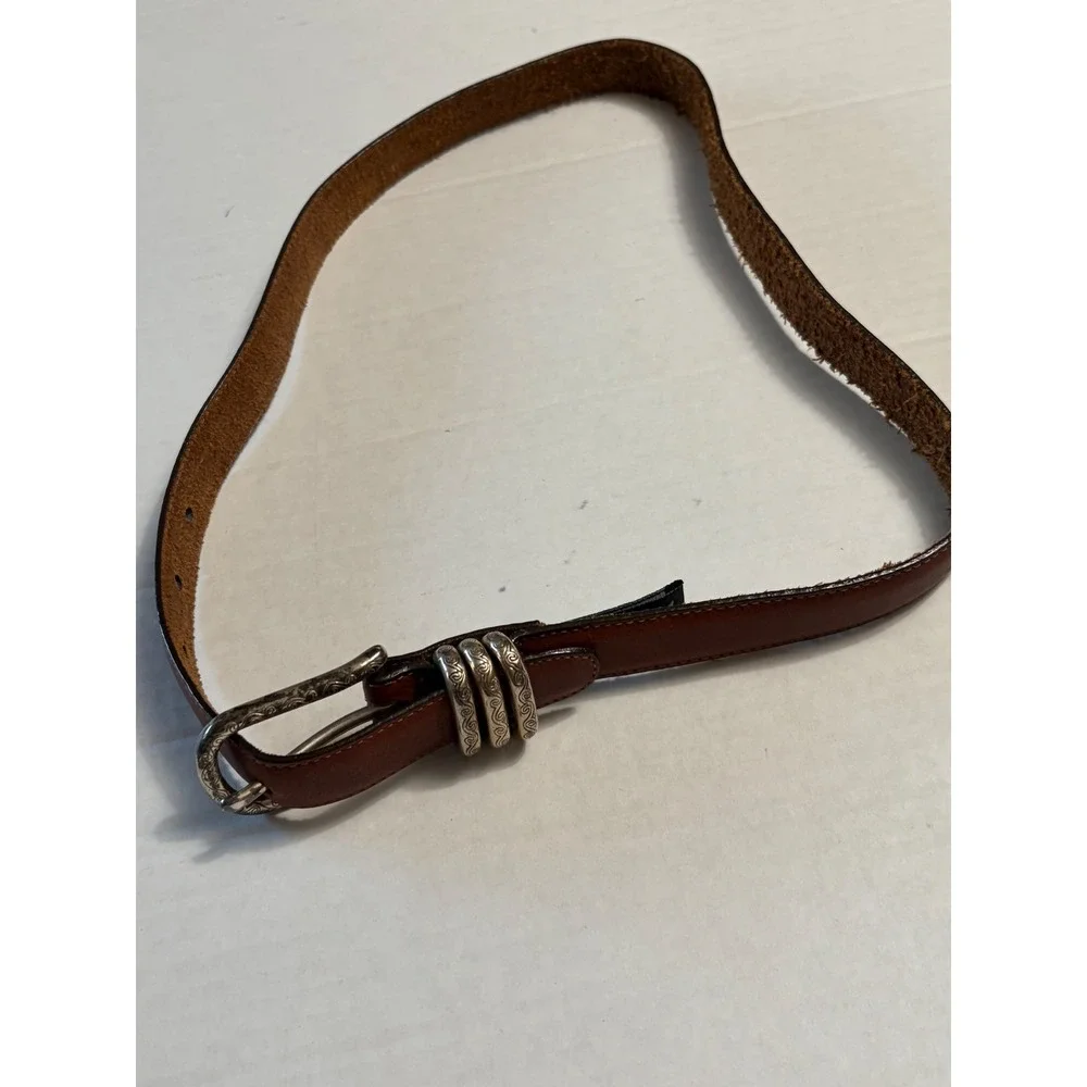 Brighton Brown Leather Belt Silver Engraved Scroll Buckle Triple Keeper Western